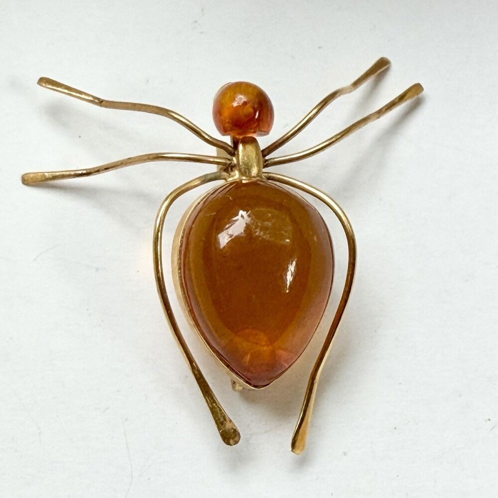 Vintage Soviet Baltic Amber Spider Brooch Gold Plated Insect Pin Halloween